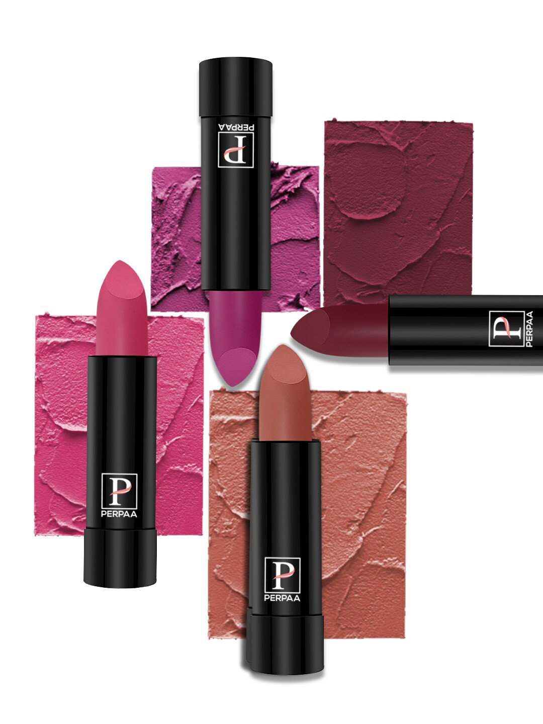 PERPAA Set Of 4 Creamy Matte Lipstick - Rose Garden,Pink Treat,Adorable Nude, Maroon Magic
