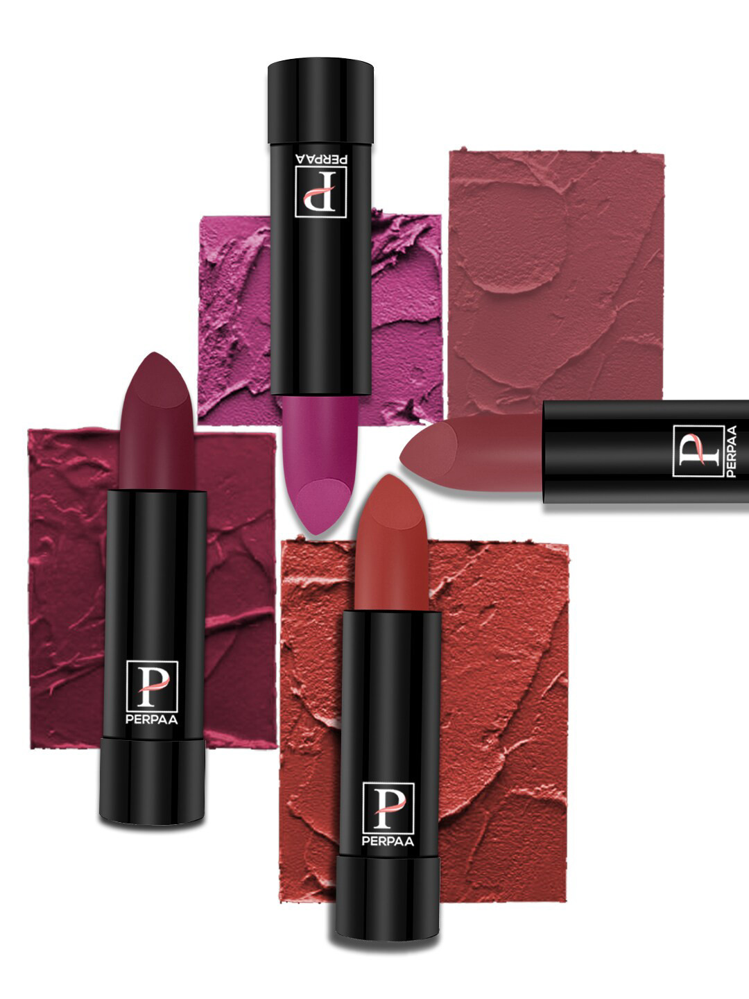 PERPAA Set Of 4 Creamy Matte Lipstick - Cherry Top-Red Castle-Rose Garden-Red Rush
