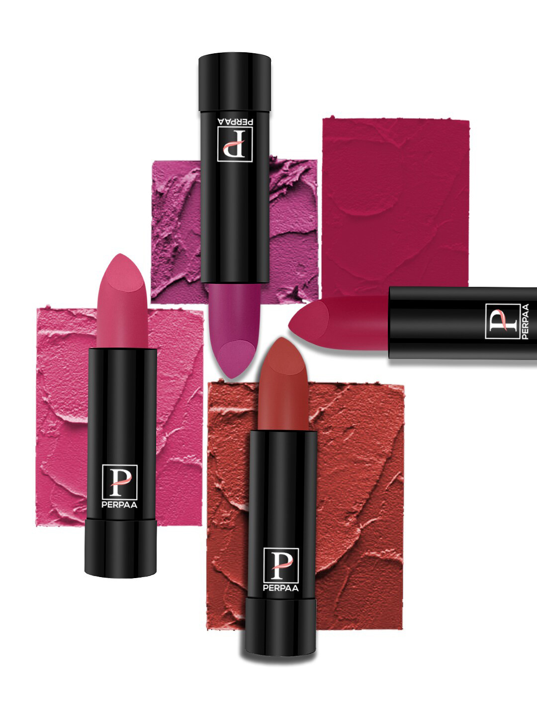 PERPAA Set Of 4 Creamy Matte Lipstick - Red Castle-Rose Garden-Pink Treat-Roseberry