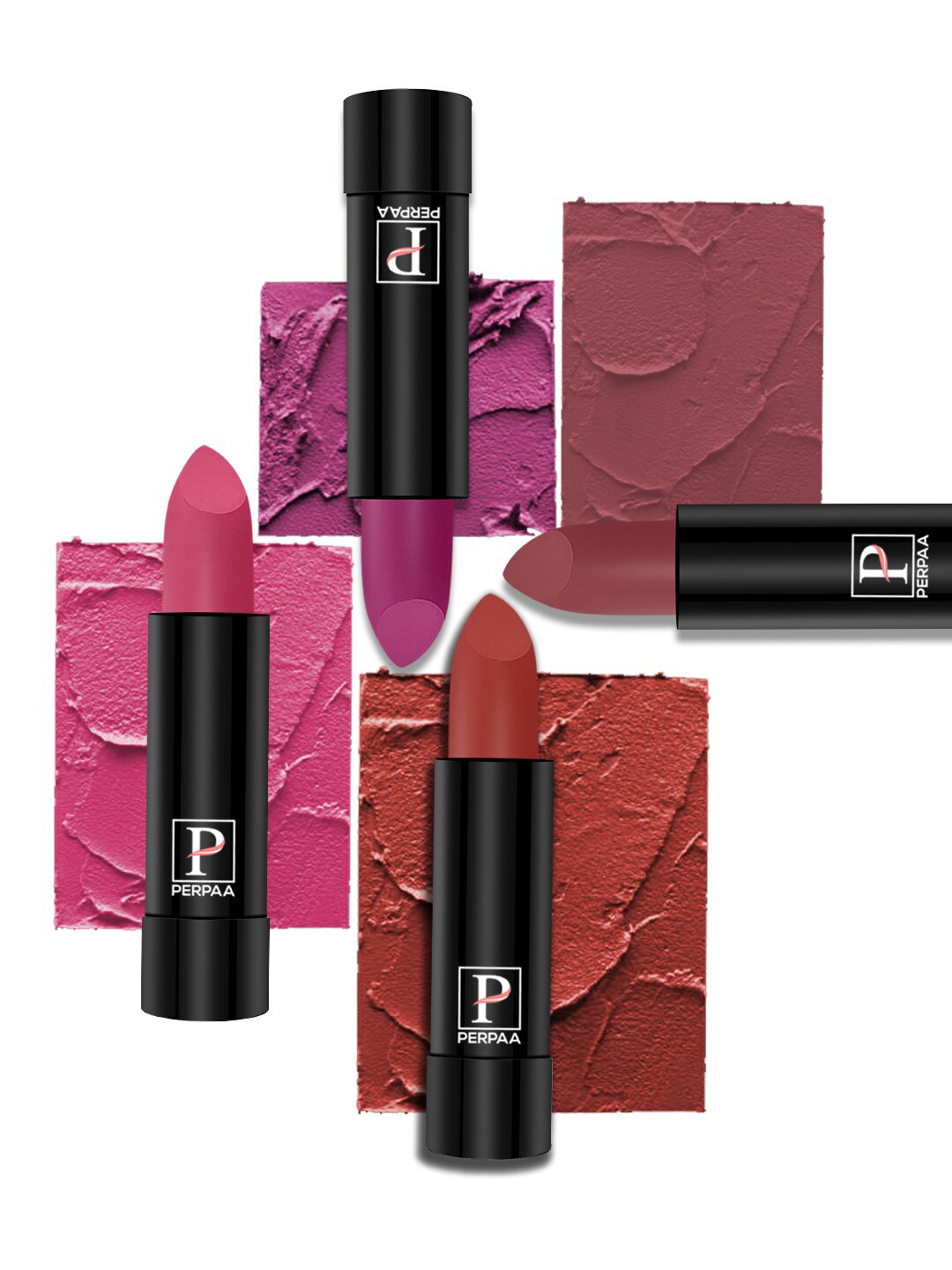 PERPAA Set Of 4 Matte Lipstick - Red Castle 55-Rose Garden 58-Pink Treat 60-Red Rush 110
