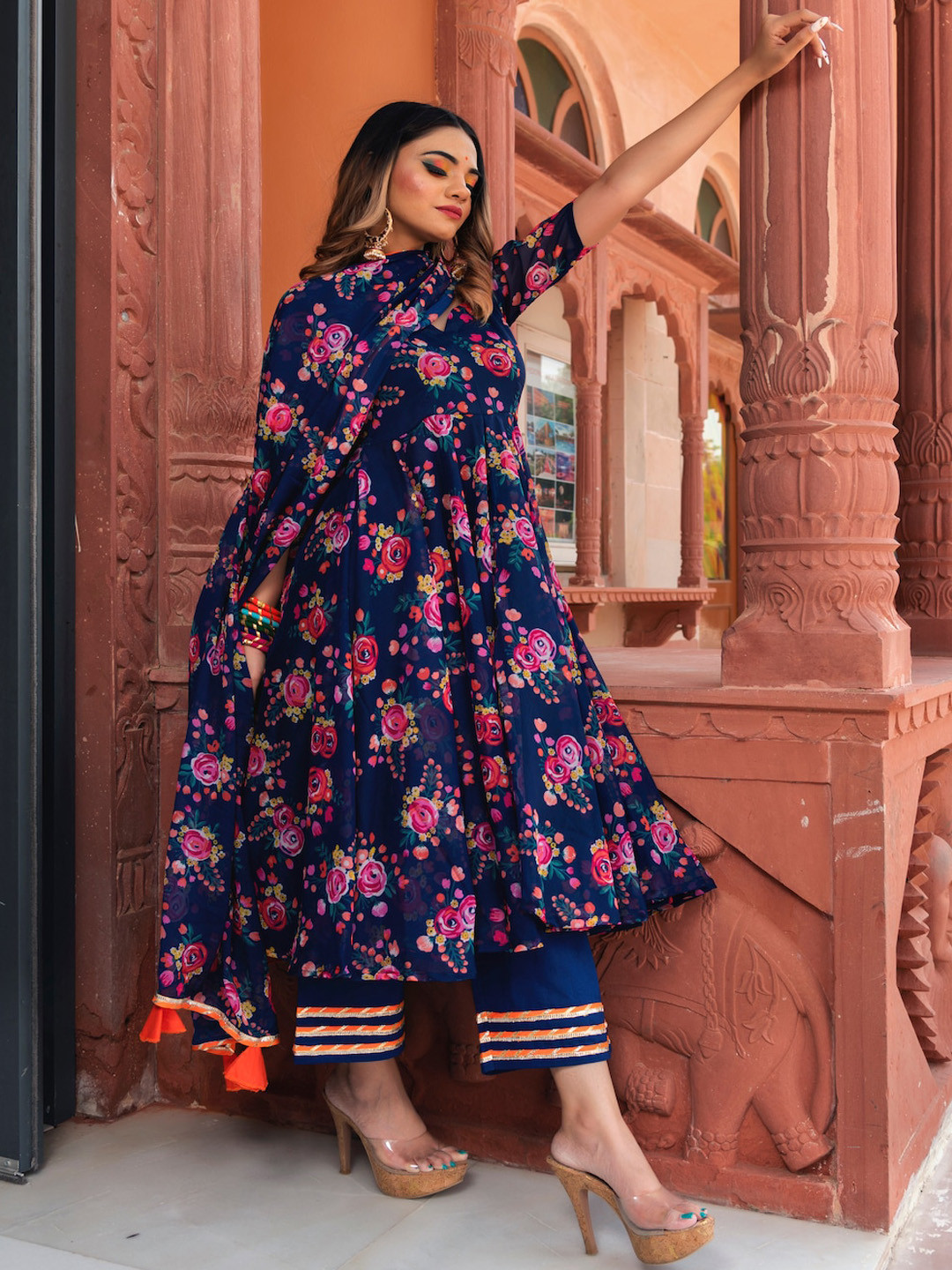 Pomcha Floral Printed Anarkali Kurta With Trousers And Dupatta