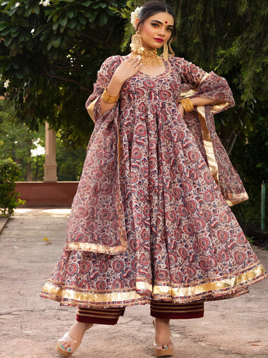 Pomcha Floral Printed Gotta Patti Pure Cotton Anarkali Kurta & Trouser With Dupatta