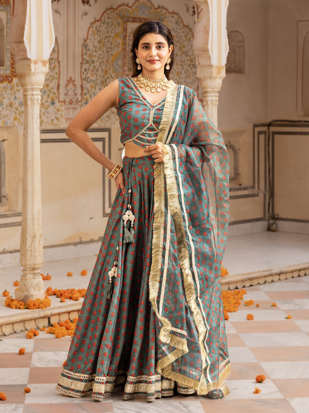 Ambraee Printed Block Print Ready to Wear Lehenga & Blouse With Dupatta