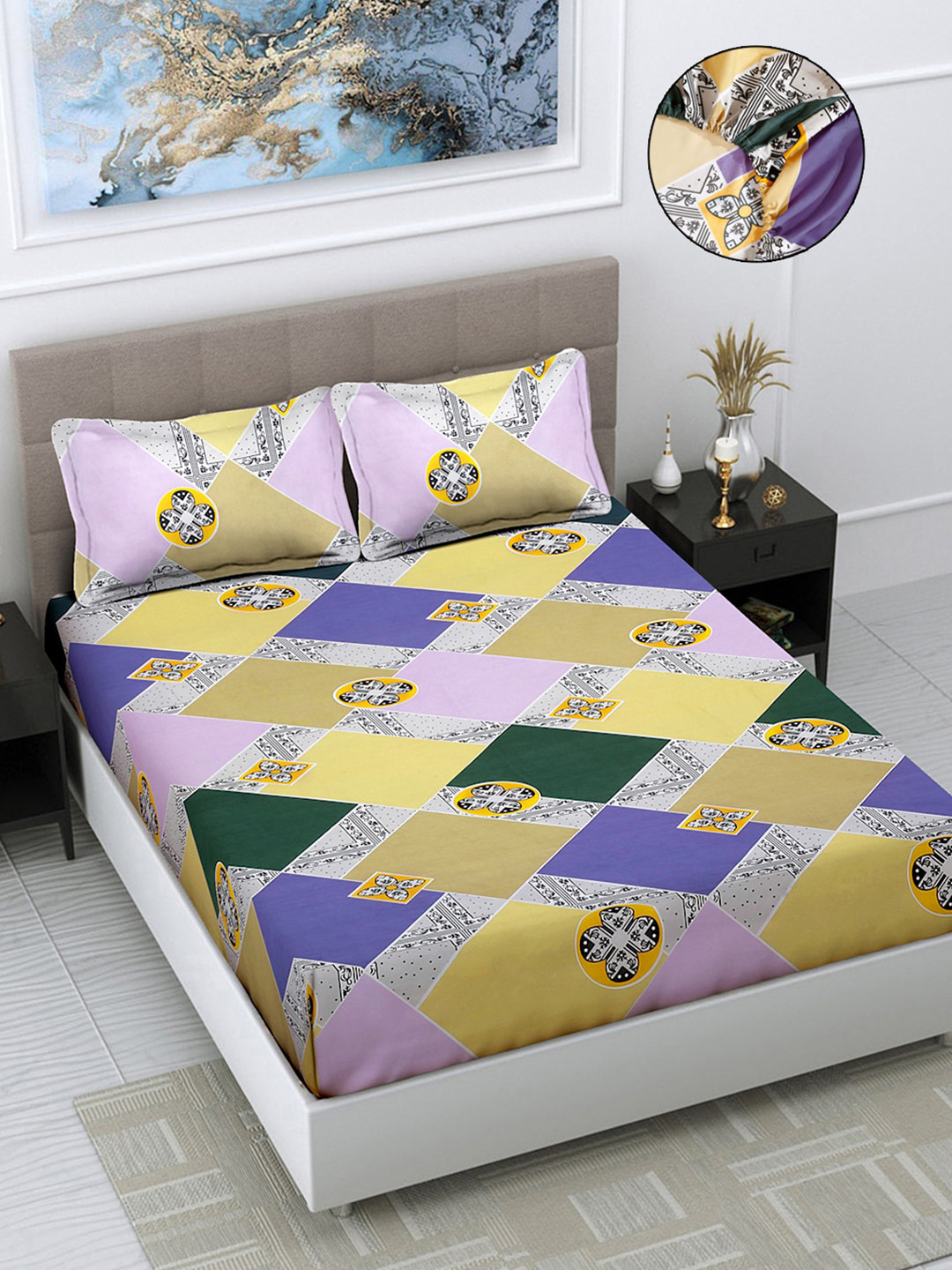 FABINALIV Purple Graphic Polycotton 300 TC Fitted King Fine Bedsheet with 2 Pillow Covers-98 x 89 inches