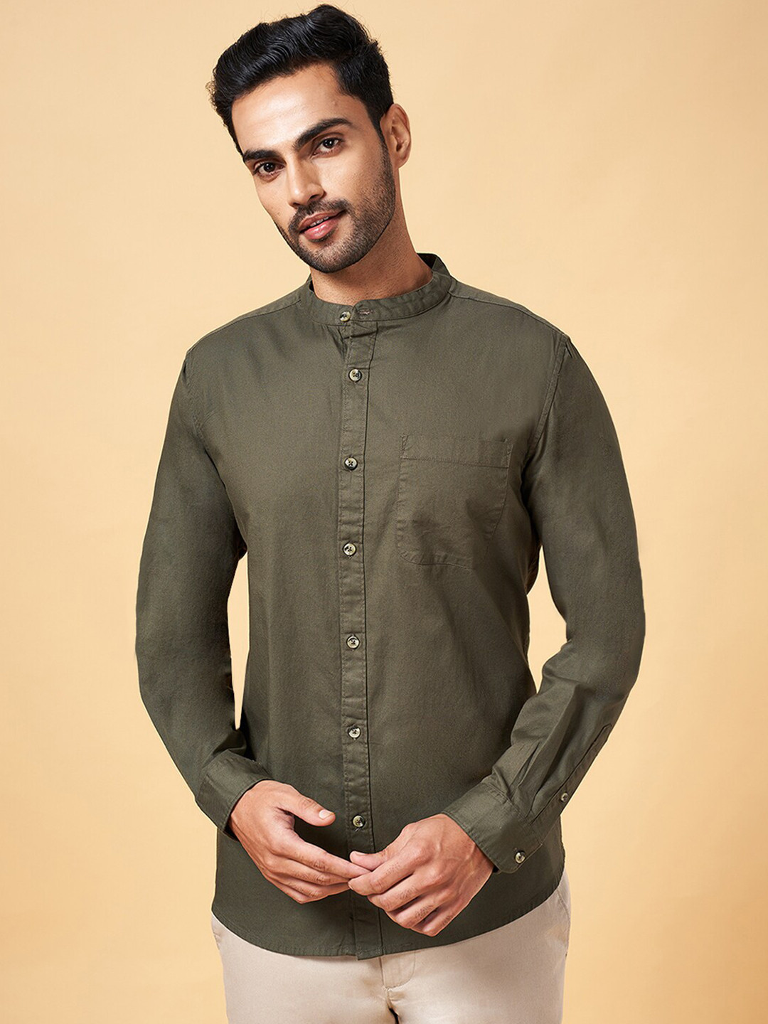 BYFORD by Pantaloons Men Olive Green Slim Fit Opaque Casual Shirt
