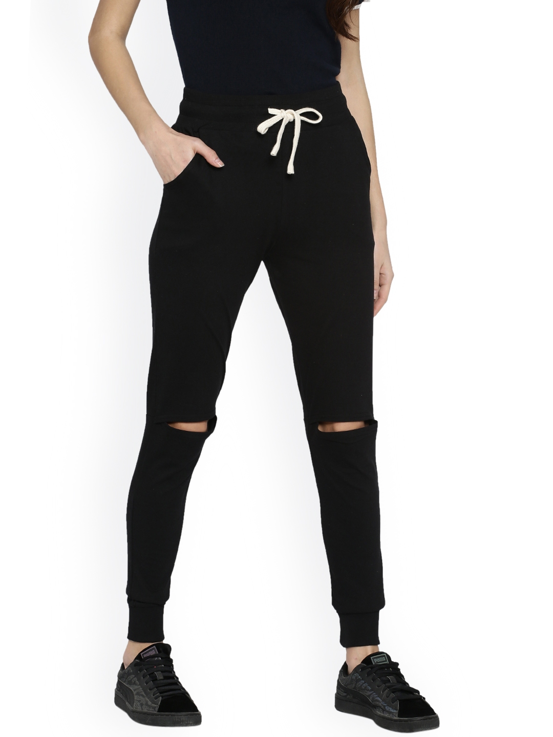 Buy Campus Sutra Black Ripped Joggers  Track Pants for Women 2529239   Myntra