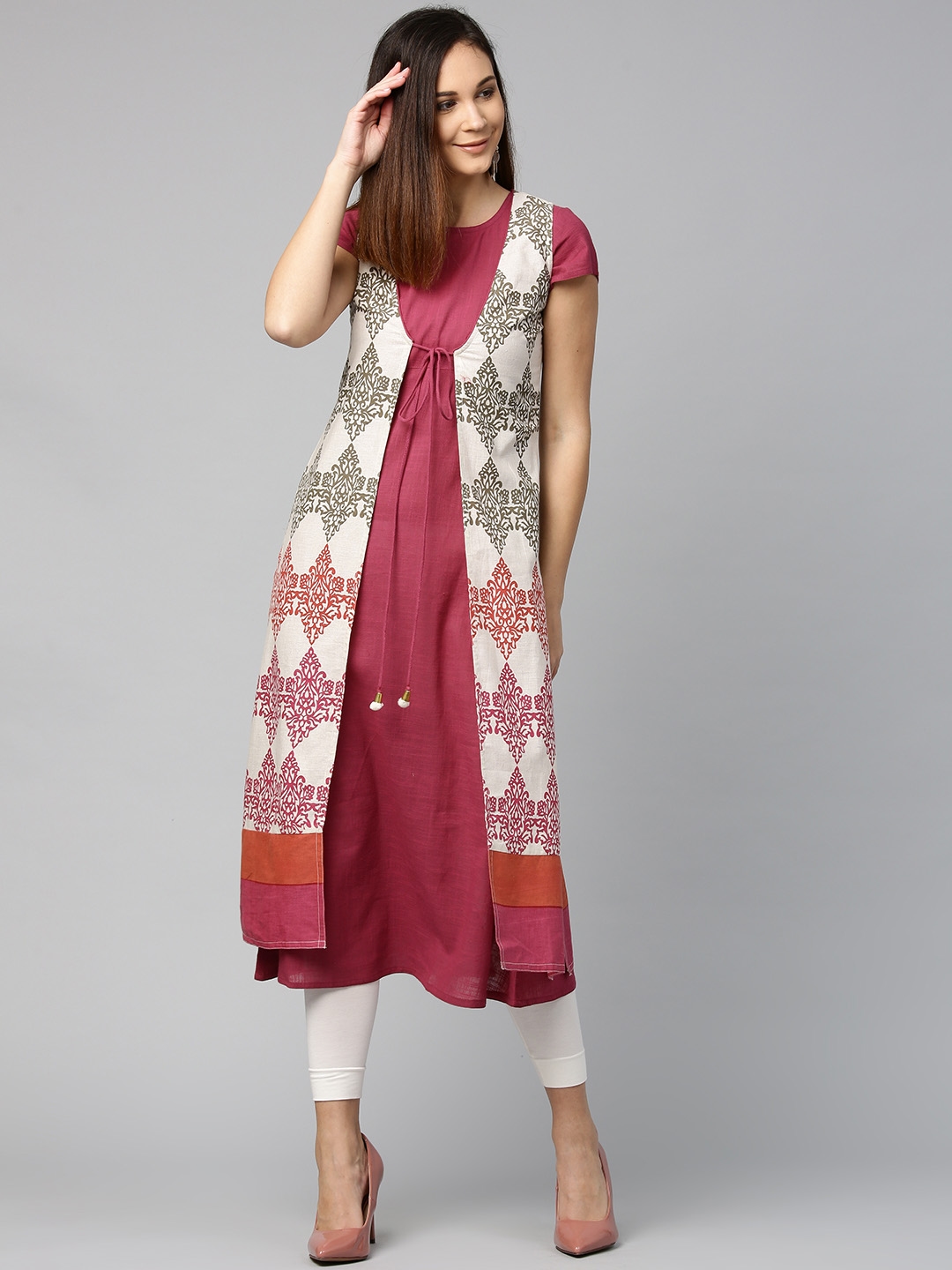 1408Rayon Inner With Cotton Ajrak Detachable Jacket KurtiRani Pink N  Mehandi Green1408013  Colours Trendz