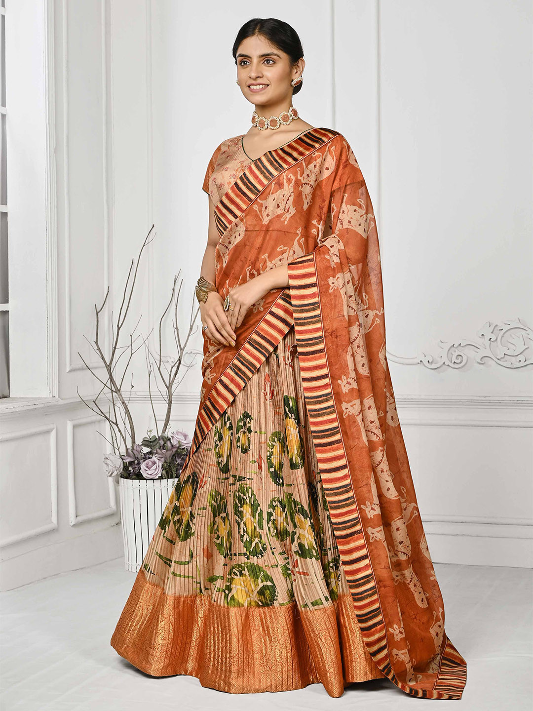 SAPTRANGI Ethnic Motifs Printed Zari Semi-Stitched Lehenga Choli
