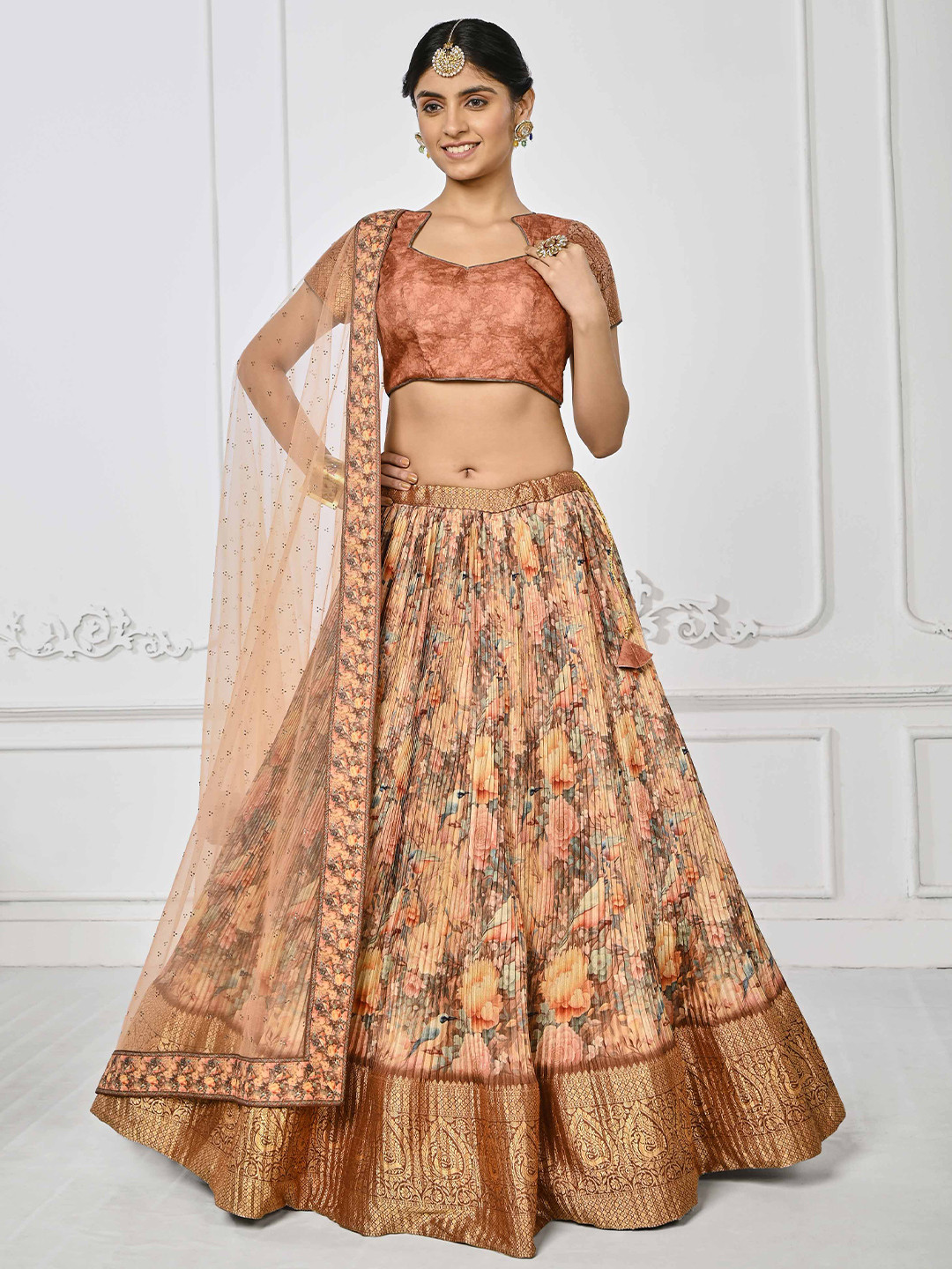 SAPTRANGI Ethnic Motifs Printed Zari Semi-Stitched Lehenga Choli