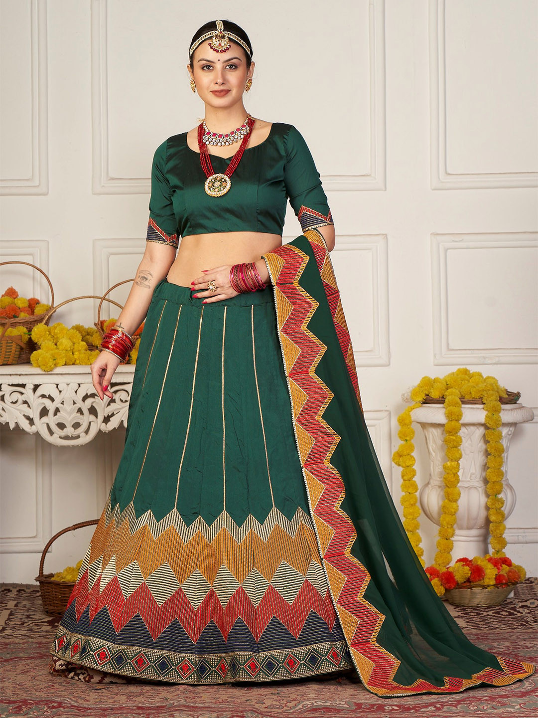 KALINI Thread Work Semi-Stitched Lehenga & Unstitched Blouse With Dupatta