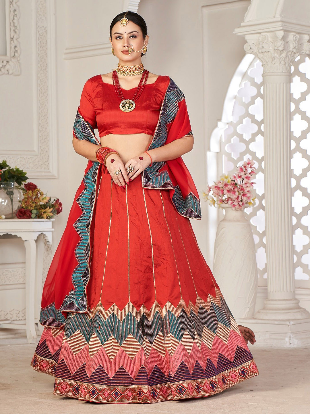 KALINI Thread Work Semi-Stitched Lehenga & Unstitched Blouse With Dupatta
