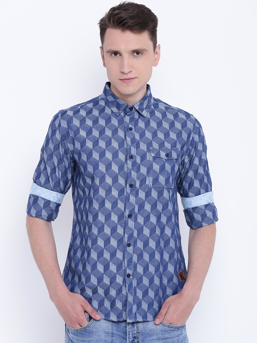 CAMLA Men Blue & Grey Slim Fit Geometric Pattern Casual Shirt