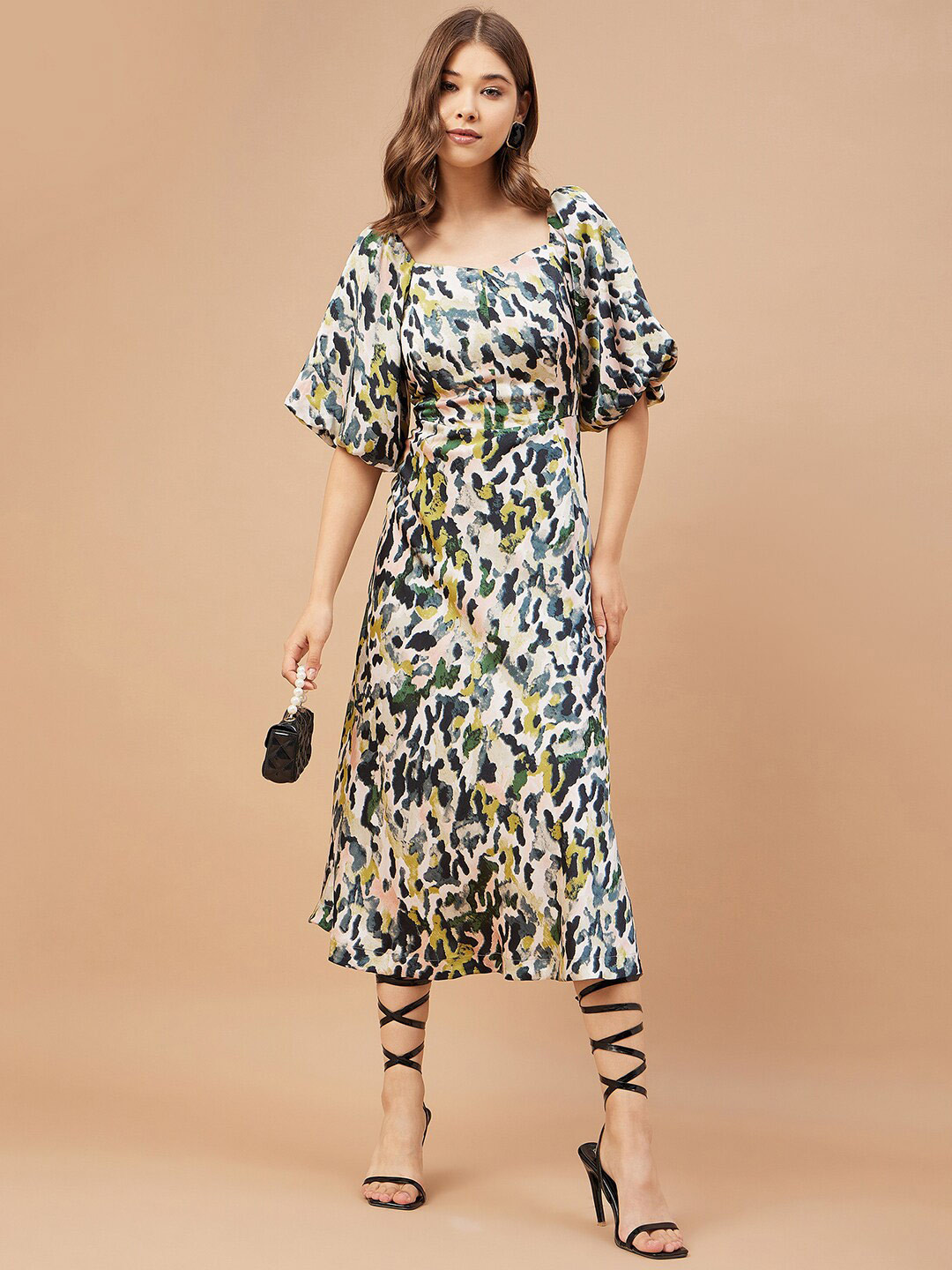 Gipsy Animal Print Puff Sleeves Satin Fit & Flare Midi Dress