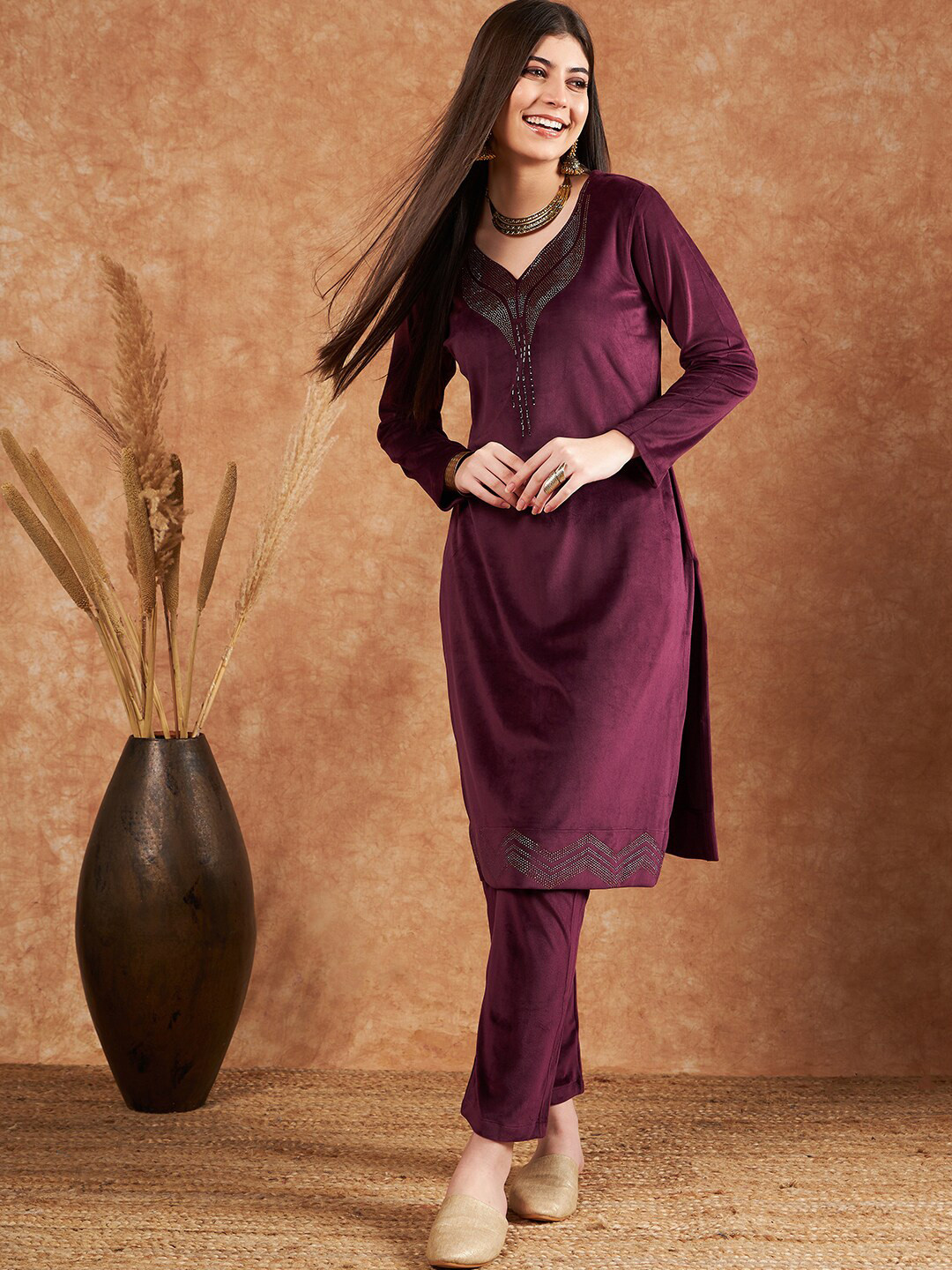 Sangria Beads and Stones Embellished Winter Velvet Straight Kurta & Trousers