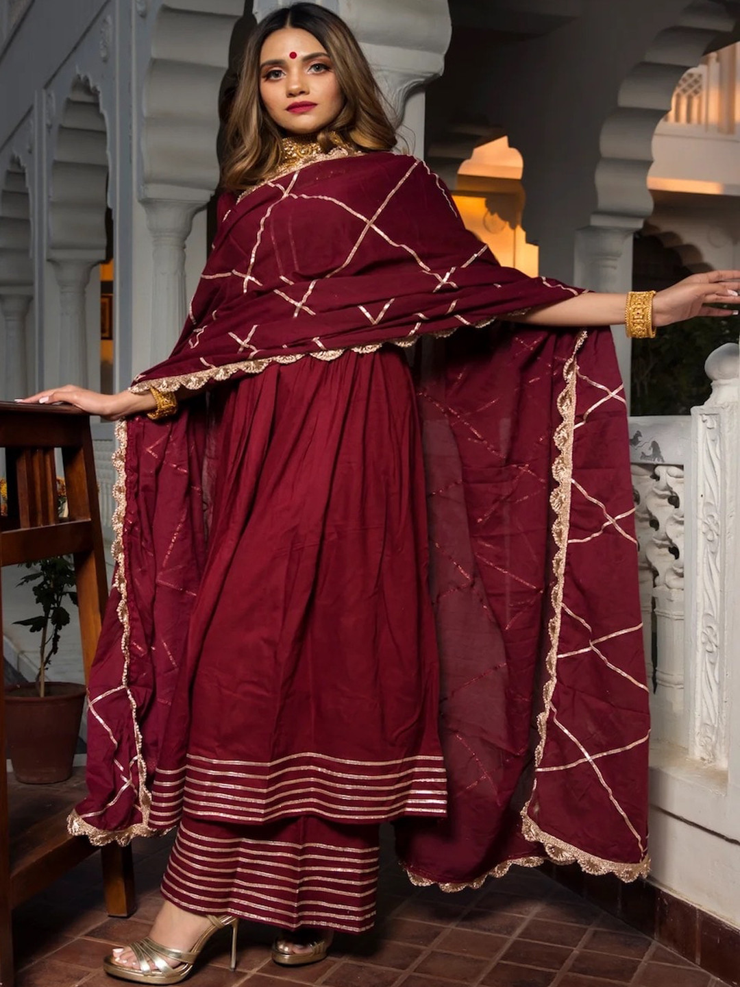 Pomcha Round Neck Anarkali Pure Cotton Kurta & Skirt With Dupatta
