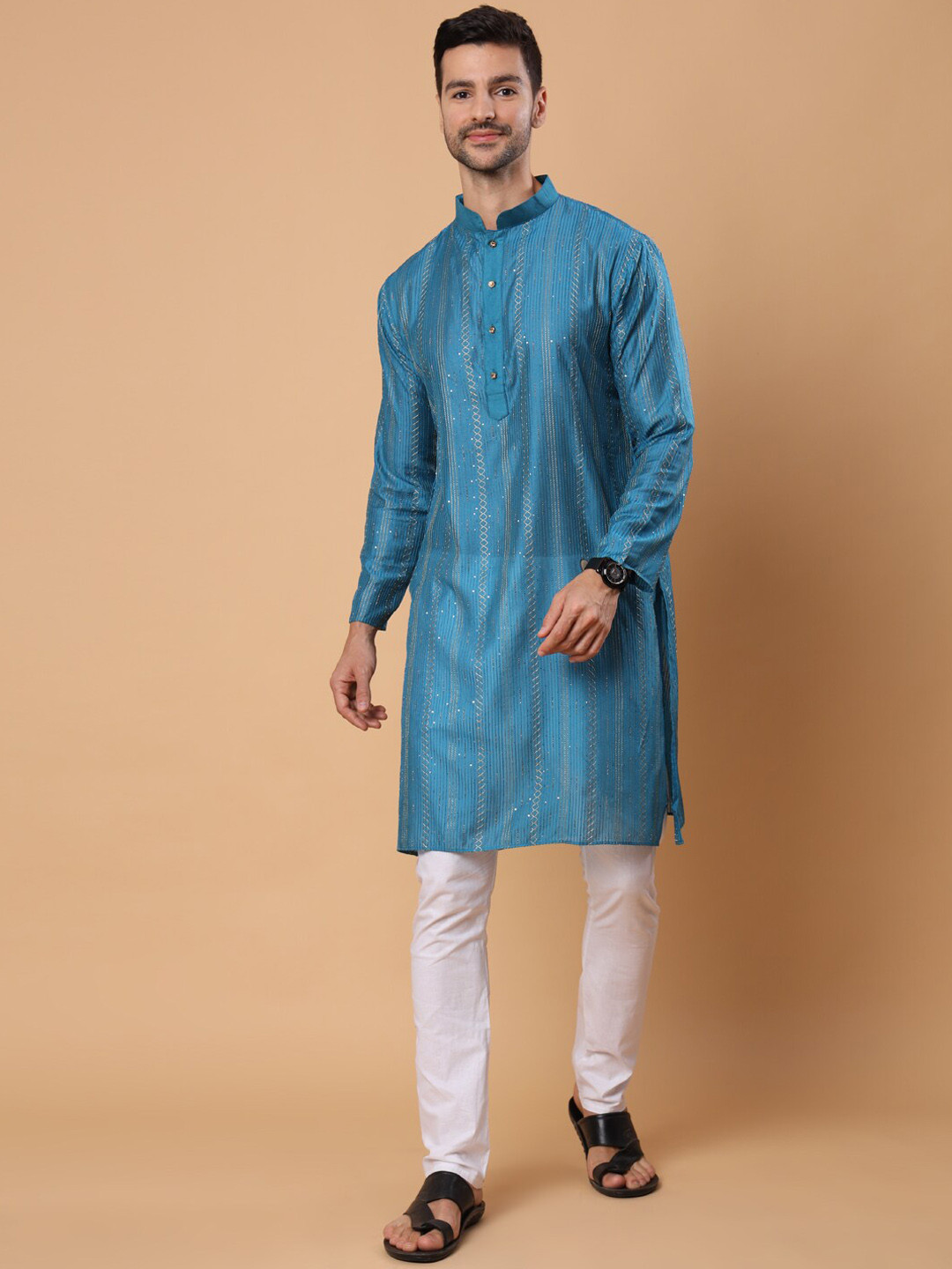 House of Pataudi Blue Embellished Mandarin Collar Long Sleeve Sequins Straight Kurtas