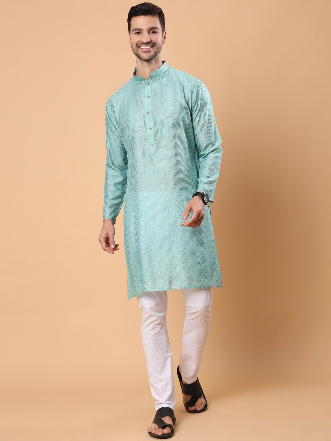 House of Pataudi Sea Green Embroidered Mandarin Collar Long Sleeve Sequins Straight Kurtas