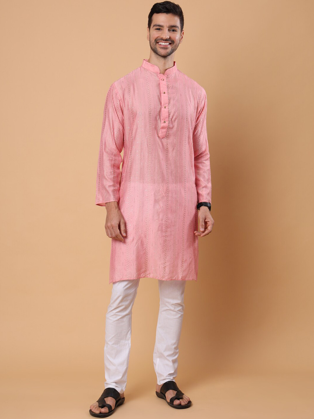 House of Pataudi Pink Embellished Mandarin Collar Long Sleeve Sequins Straight Kurtas