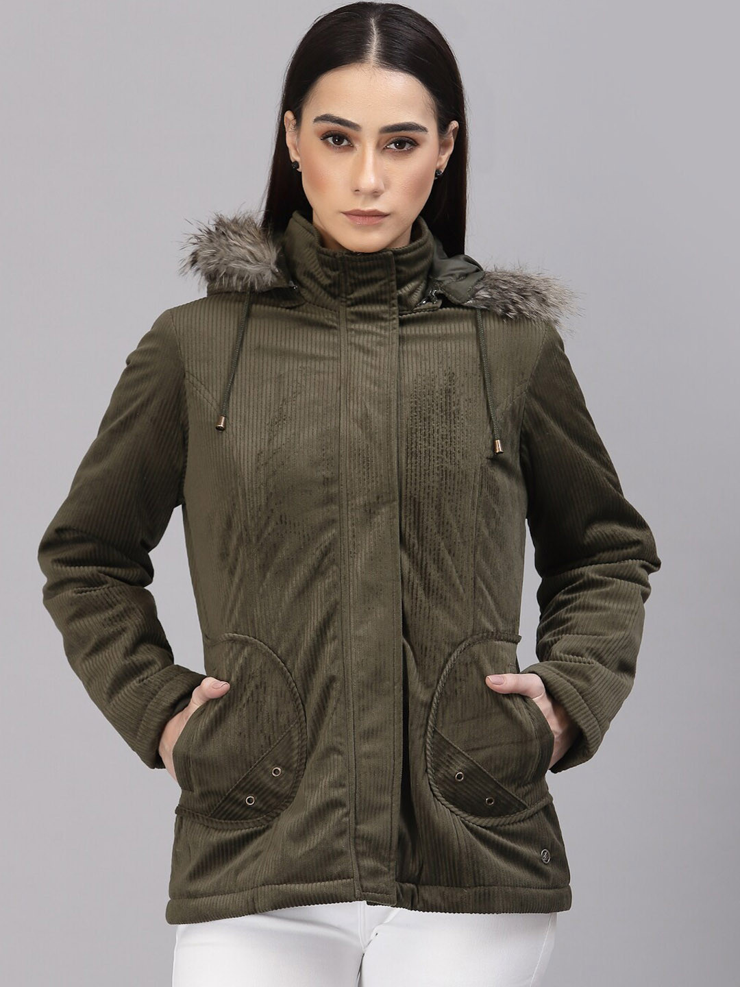 Gipsy Self Design Lightweight Parka Jacket With Faux Fur Trim