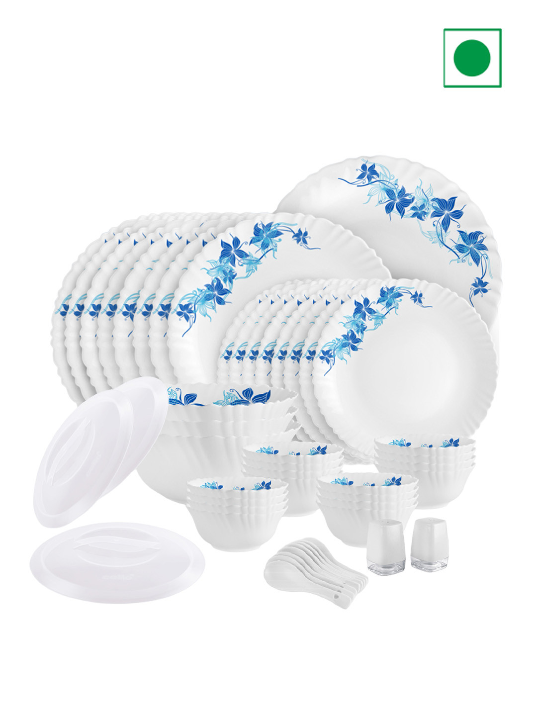 Cello Dazzle White & Blue 49 Pieces Dishwasher & Microwave Safe Swirl Opalware Dinner Set