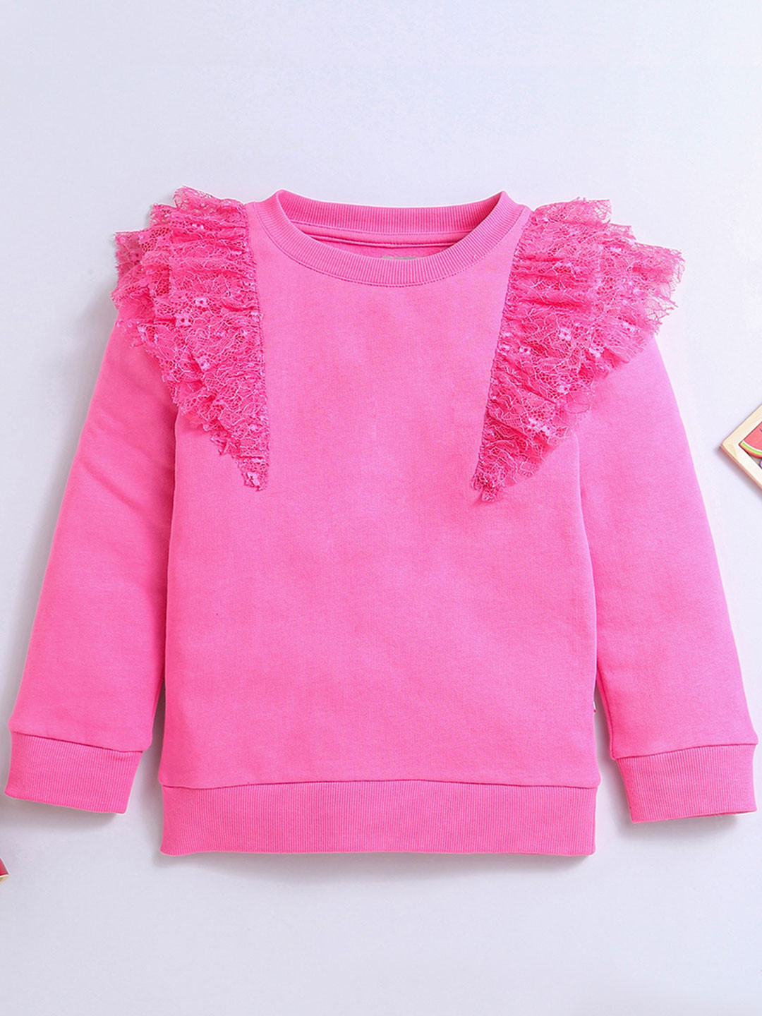 Nino Bambino Girls Round Neck Lace Insert Pullover Sweatshirt
