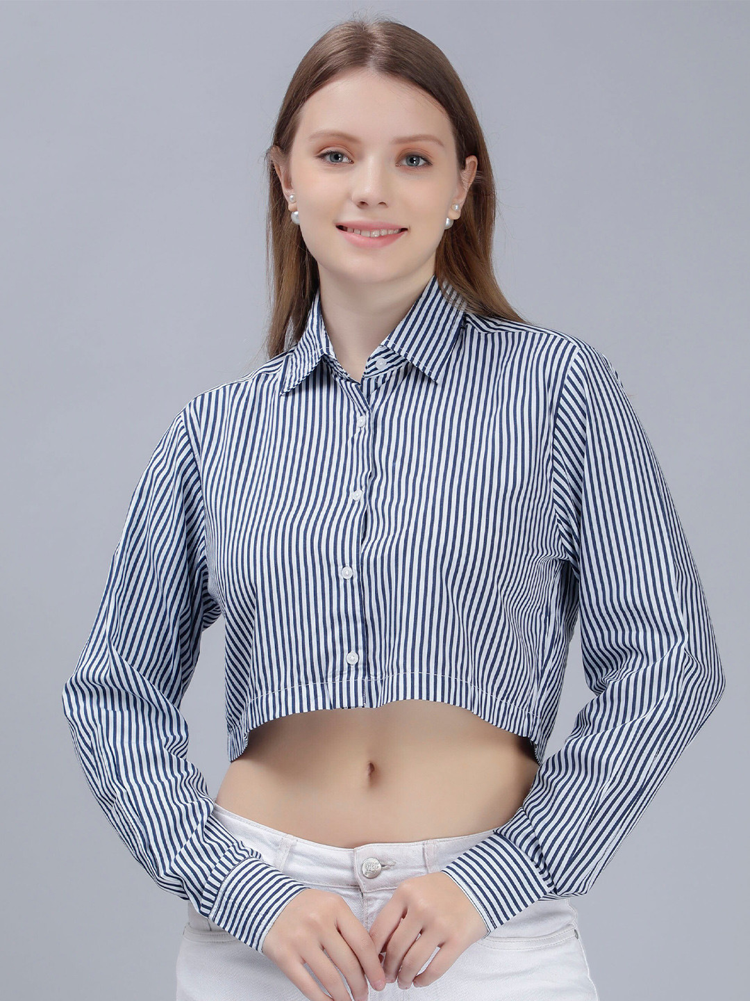 ENTELLUS Comfort Slim Fit Opaque Striped Crop Casual Shirt