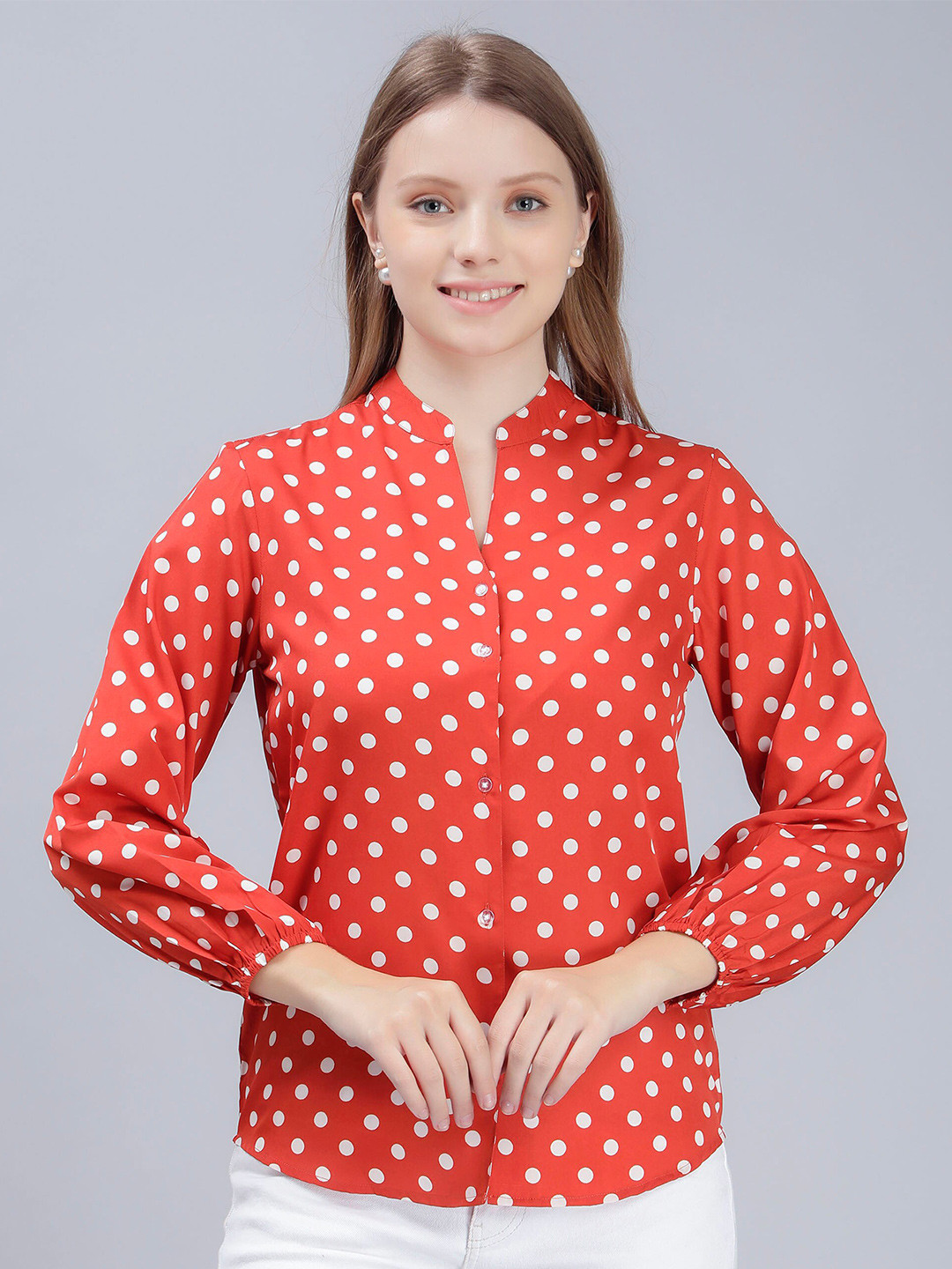 ENTELLUS Comfort Slim Fit Polka Dots Printed Mandarin Collar Casual Shirt