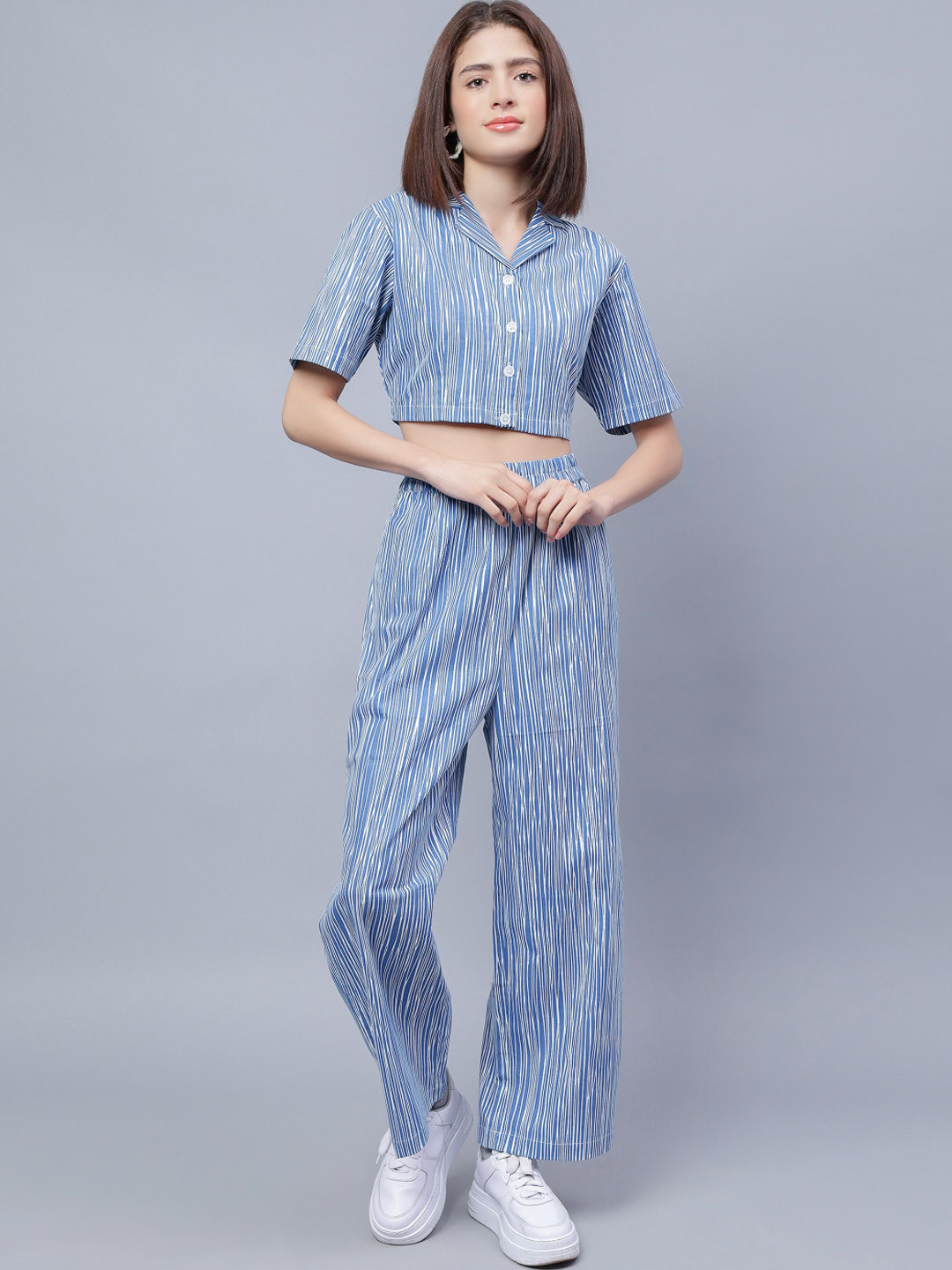 ENTELLUS Printed Lapel Collar Pure Cotton Crop Top With Trouser