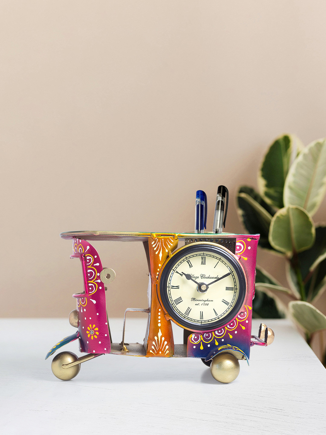 Golden Peacock Autorickshaw Shaped Pen Stand Cum Clcok Yellow Metal Metallic Living Room Hand-Crafted Medium Showpiece - 5.9 Inches