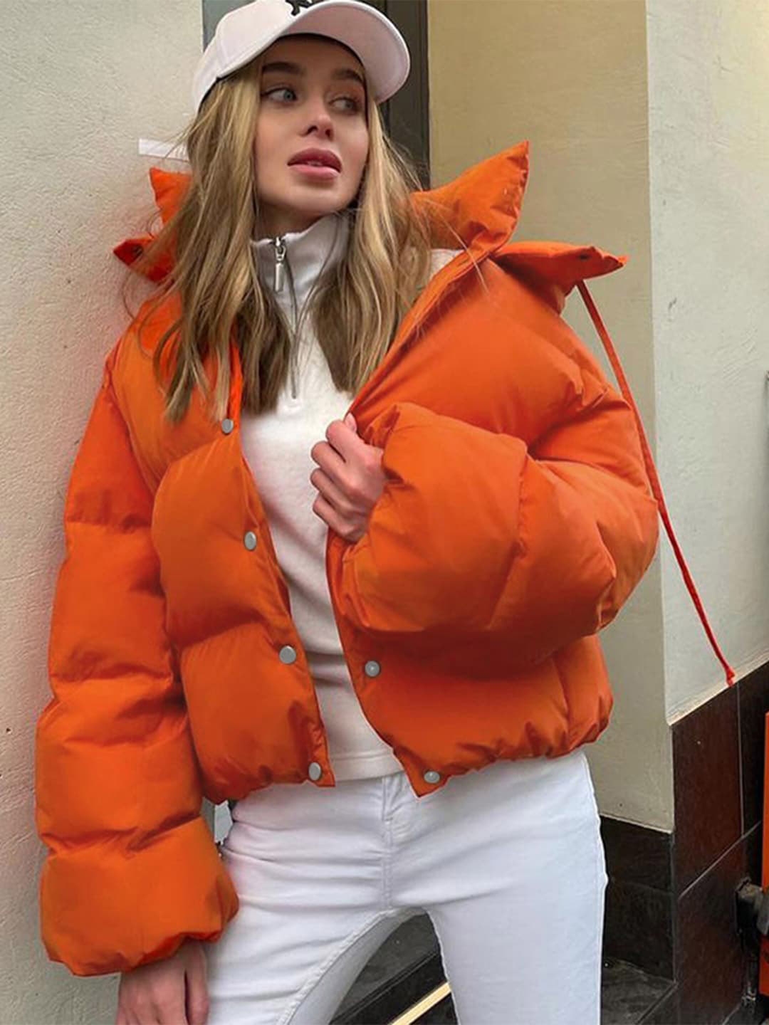 Orange hooded puffer jacket shop