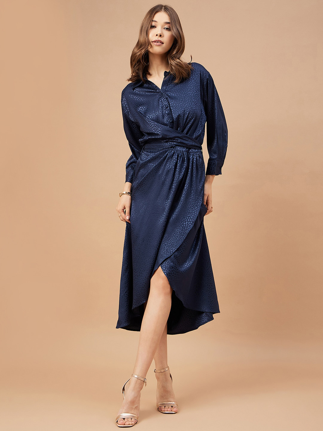 Gipsy Self Design Shirt Collar Satin Cuffed Sleeves Tulip Hemline Wrap Shirt Midi Dress
