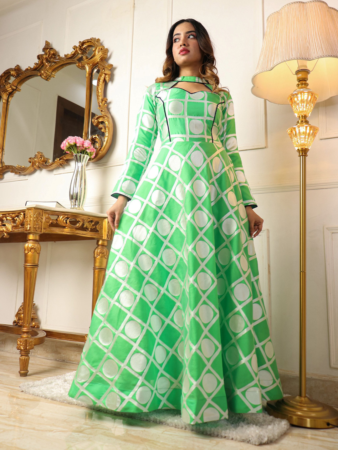 KALINI Geometric Printed Cut-Out Detail Jacquard Fit And Flare Maxi Dress