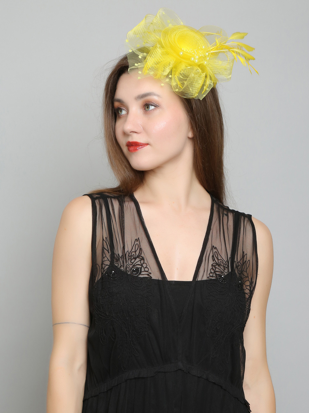 COLOR STYLE Flower Mesh Ribbons Feathers Fedoras Hat Claw Hair Clip