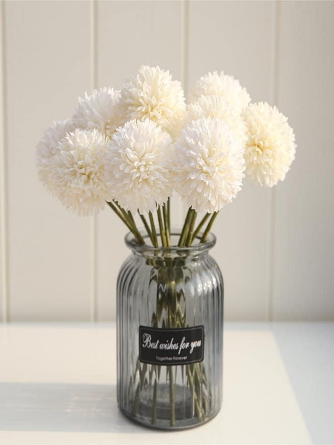 TIED RIBBONS White Set of 6 Chrysanthemum Artificial Flowers and Plants without Pot