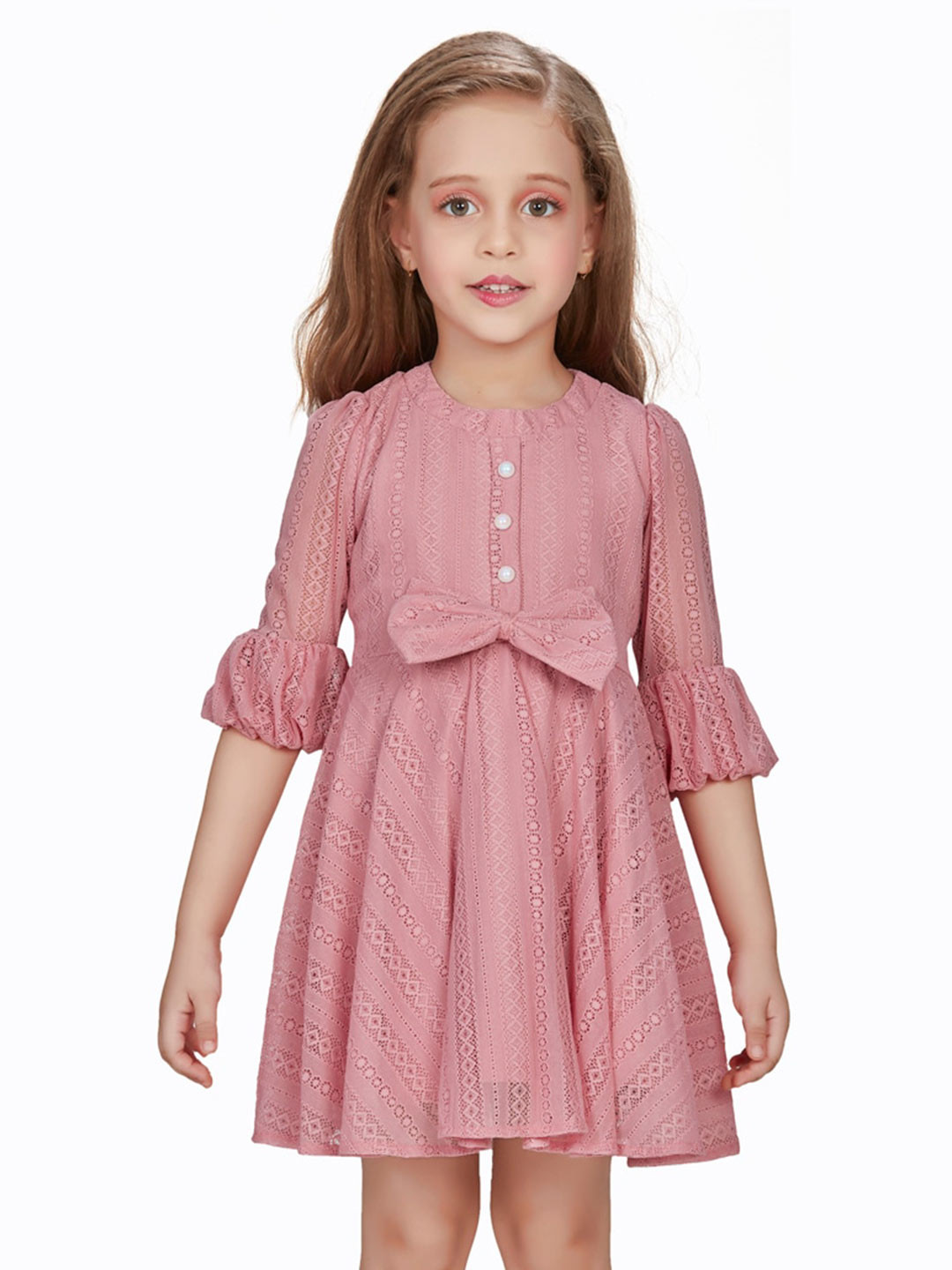 Peppermint Girls Self Design Bell Sleeve Bow Detailed Fit & Flare Dress