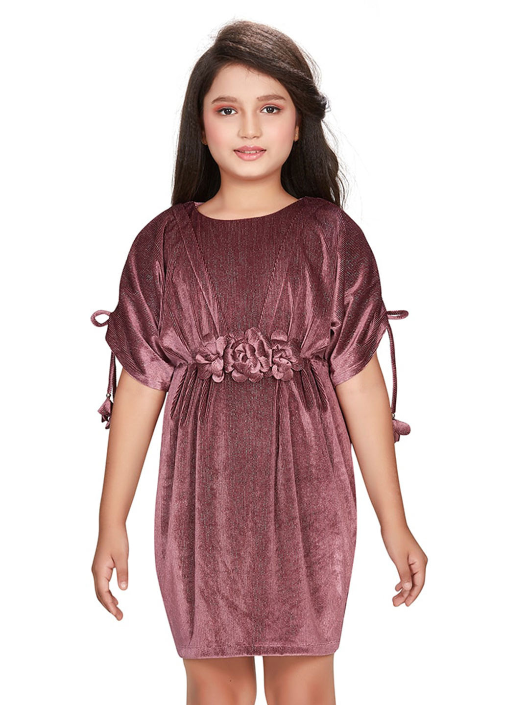 Peppermint Self Design Extended Sleeves Tie Ups Detail Velvet Fit & Flare Dress