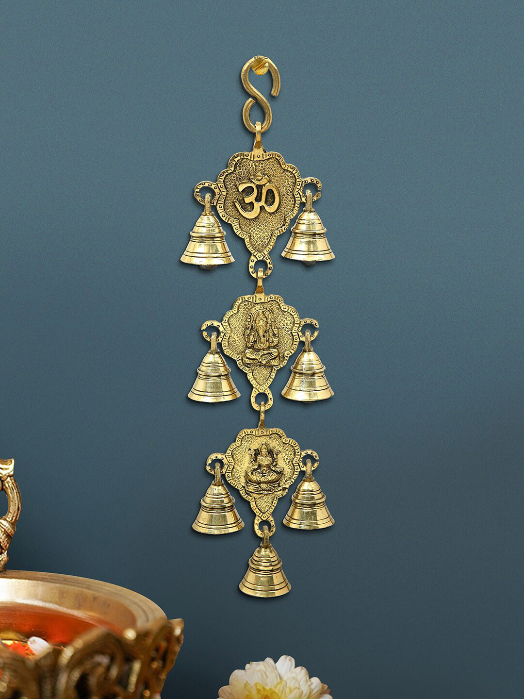 Imli Street Yellow Leaf Style Om Ganesh Laxmi Brass Hanging Pooja Bell