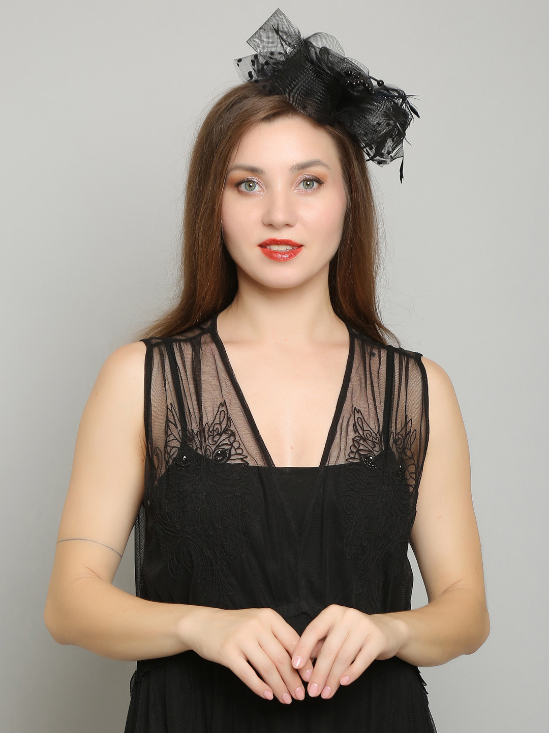 COLOR STYLE Flower Mesh Ribbons Feathers Fedoras Hat