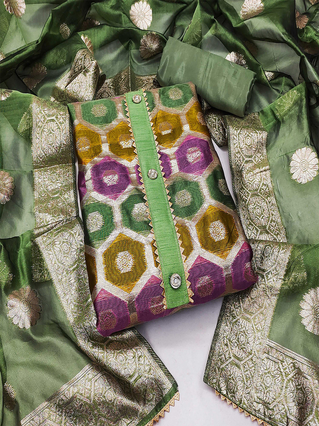 MANVAA Ethnic Motif Woven Design Organza Unstitched Dress Material