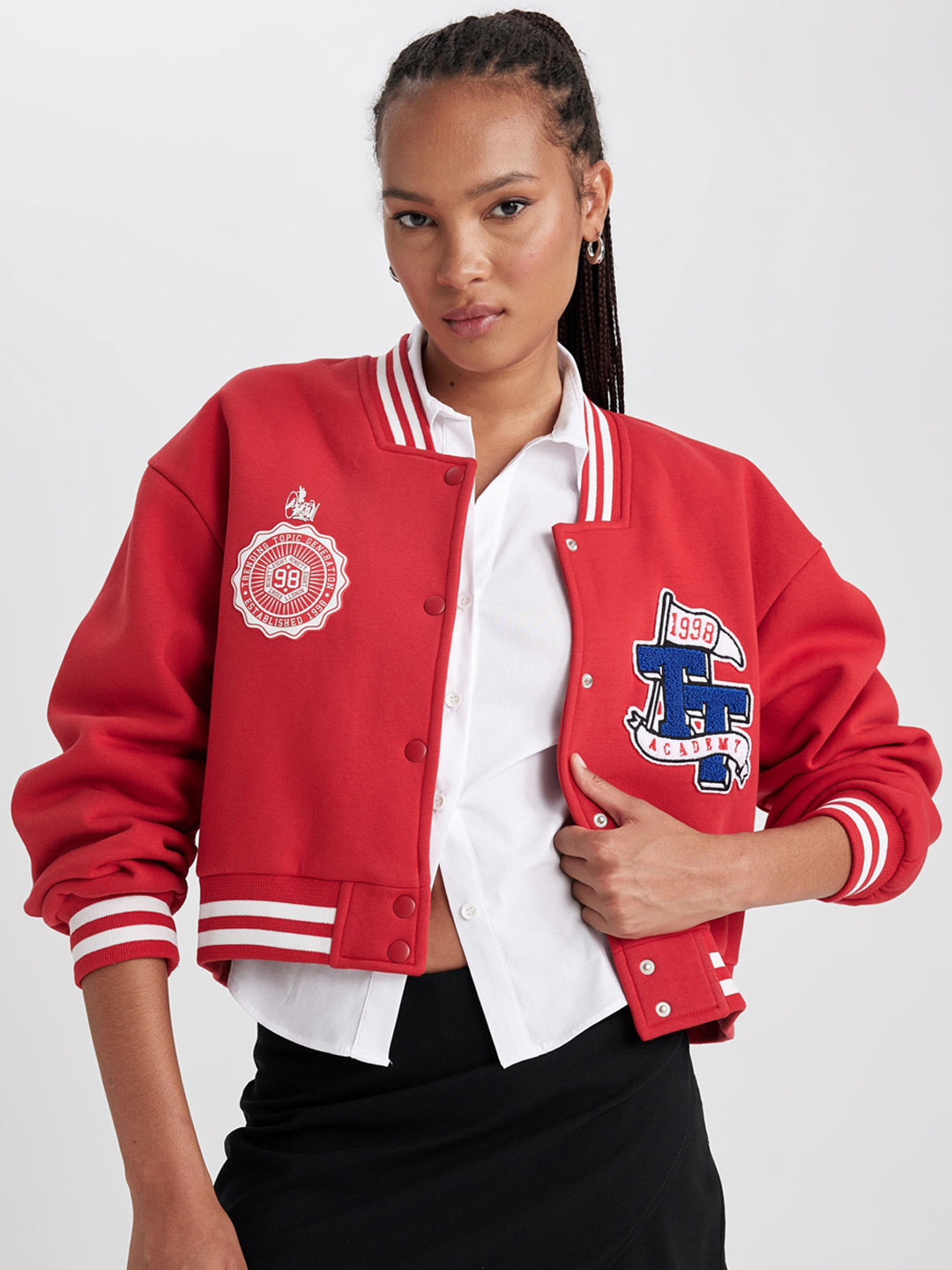 DeFacto Mandarin Collar Embroidered Crop Varsity Jacket