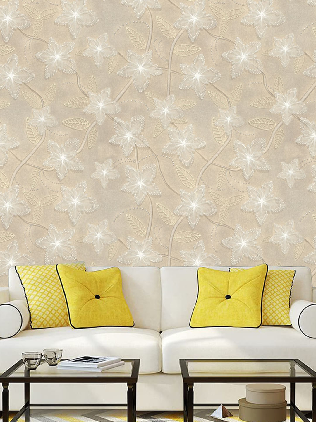 WallDaddy Cream-Coloured Designer Star Flower Wallpaper