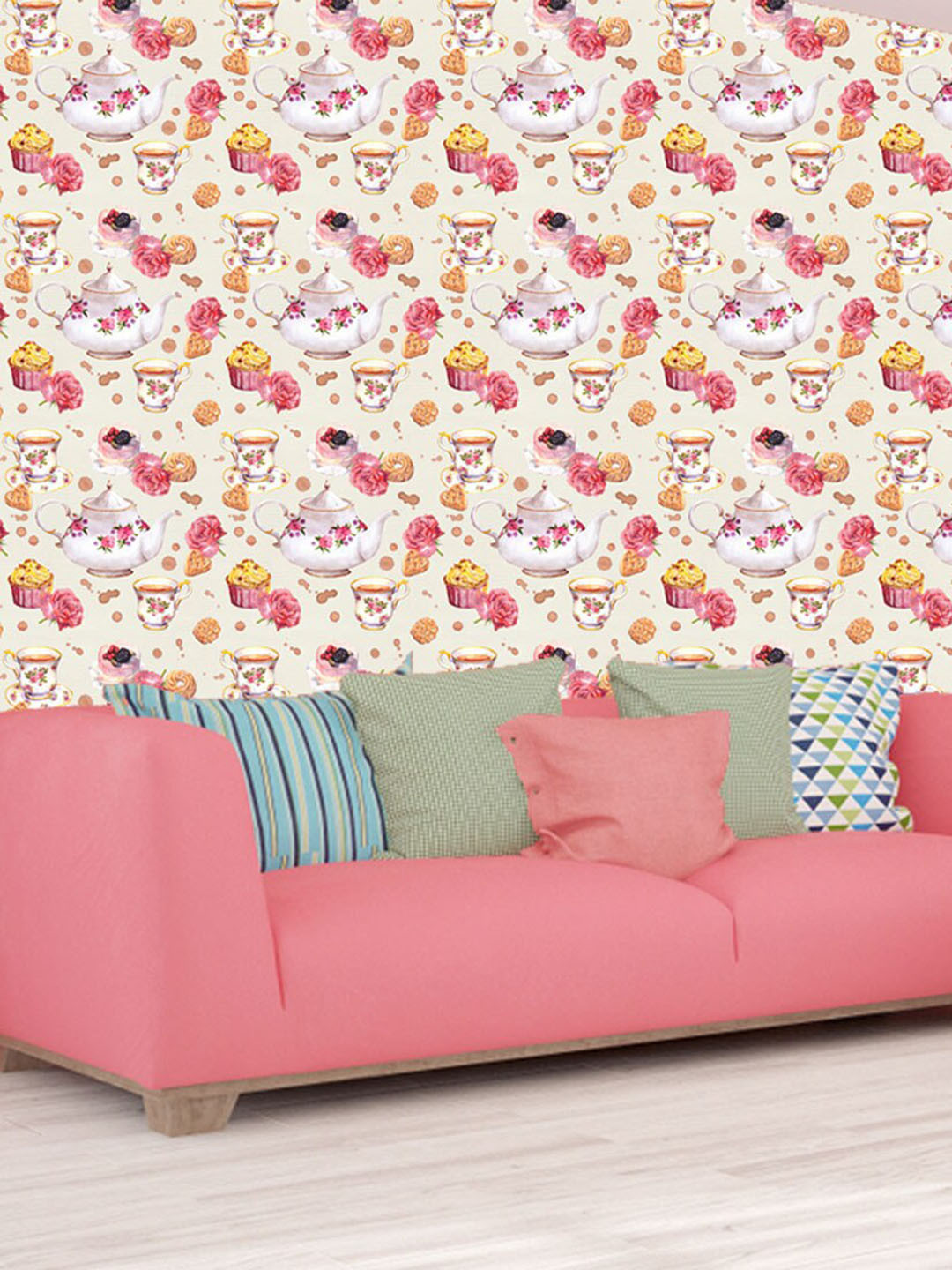 WallDaddy Cream-Coloured Pot Tea Design Self Adhesive Wallpaper