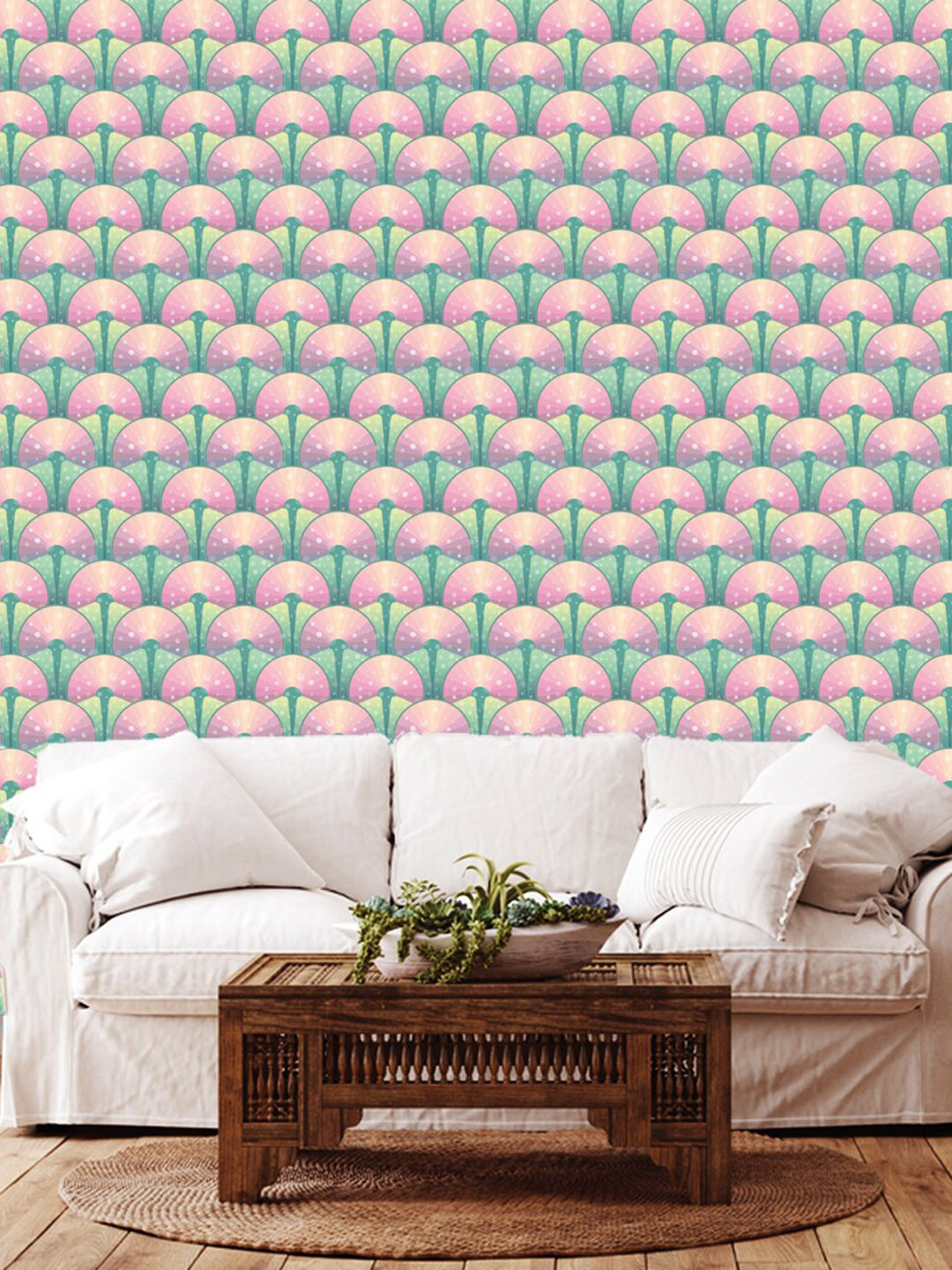 WallDaddy Green & Pink Chineese Fan Design Self Adhesive Wallpaper For Wall
