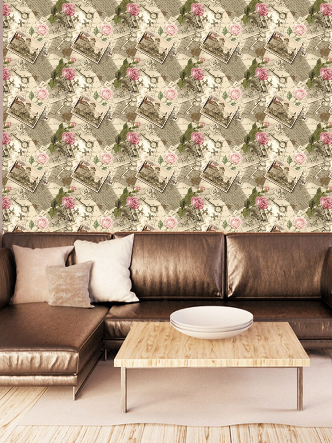 WallDaddy Green Key Paper Rose Printed Self Adhesive Wallpaper