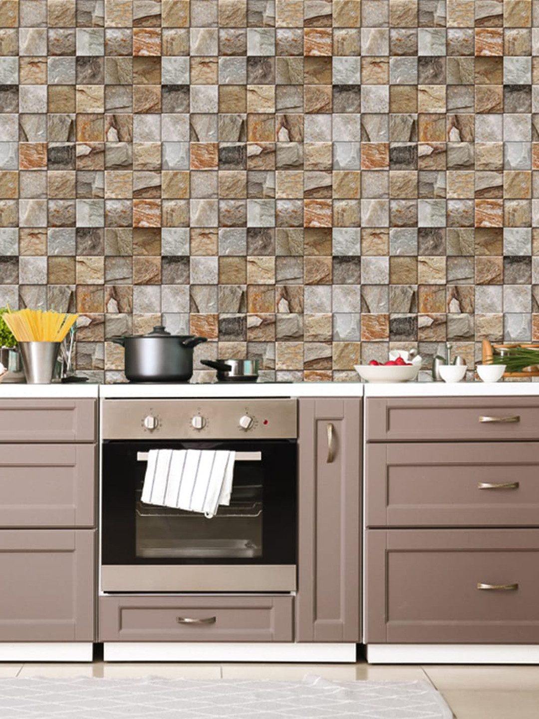 WallDaddy Brown Stone Wall Printed Wall Paper