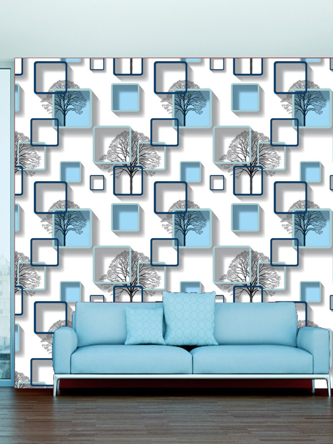 WallDaddy Blue & White Chokor Printed Wall Paper