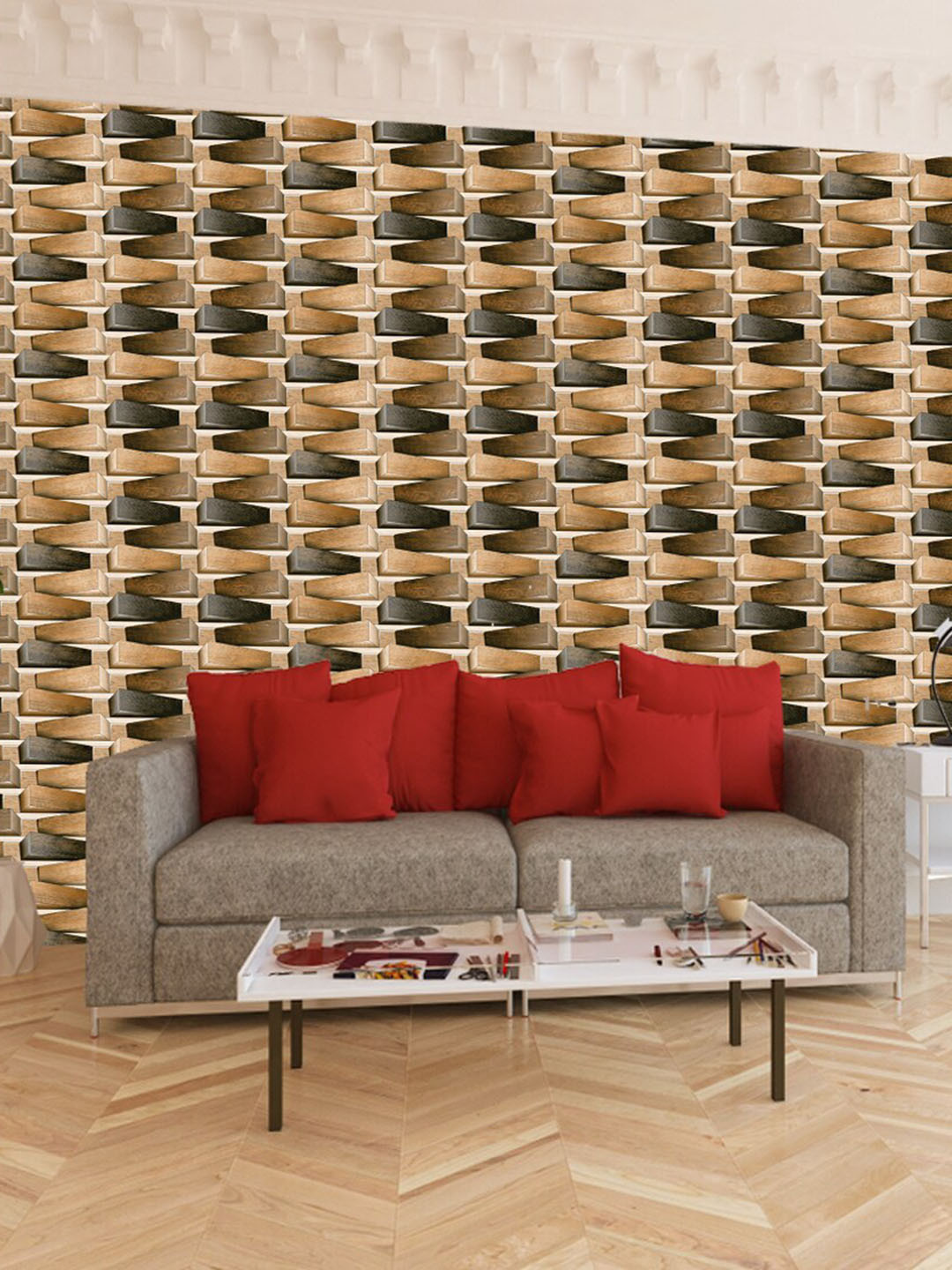 WallDaddy Brown & Grey 3D Wood Block Design Self Adhesive Wallpaper