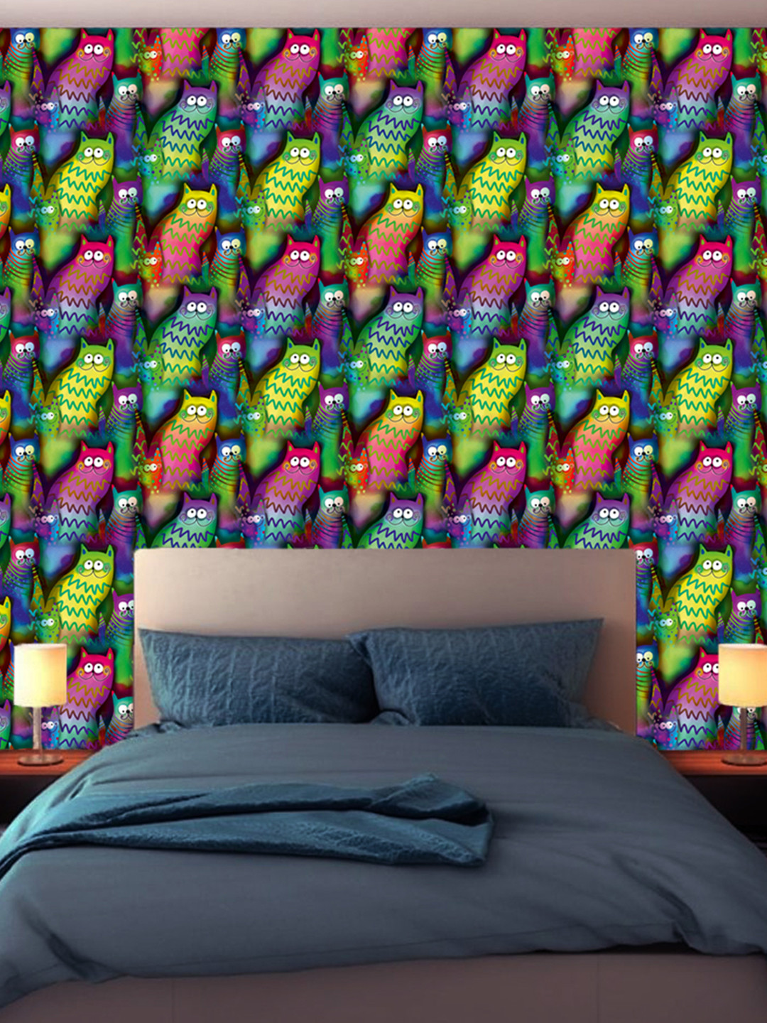 WallDaddy Green & Pink Cat Family Design Self Adhesive Wallpaper