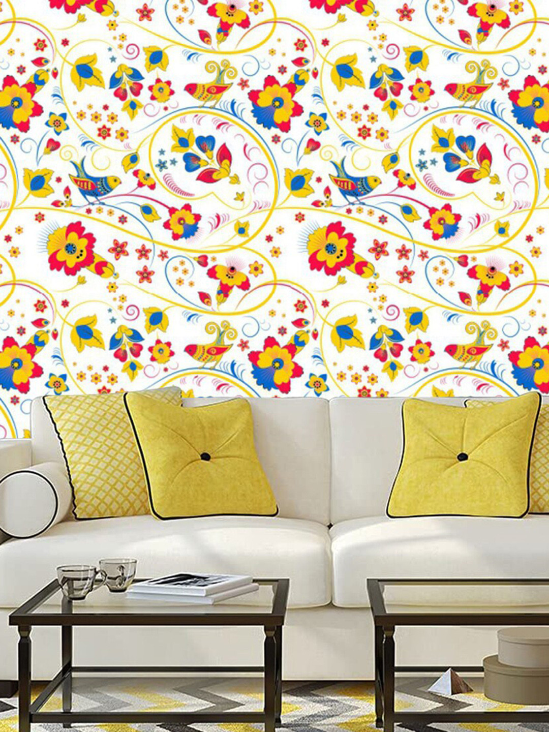 WallDaddy White Sparrow Flower Printed Wallpaper
