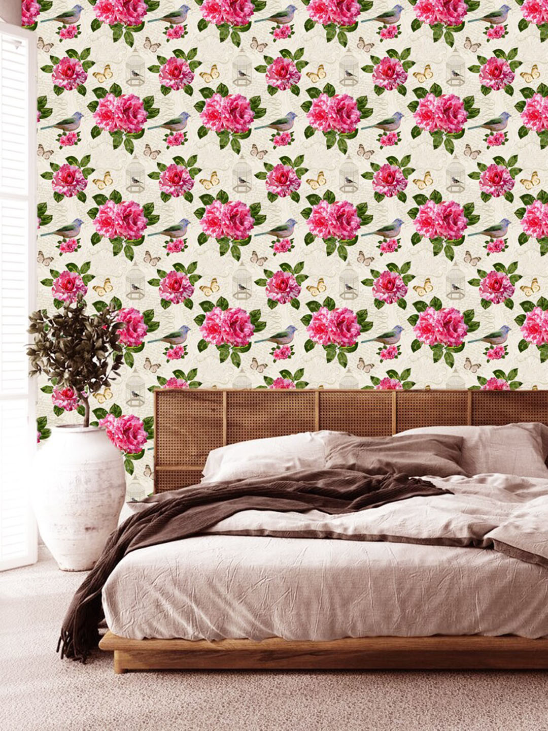WallDaddy Pink Sparrow Cage-Printed Wallpaper